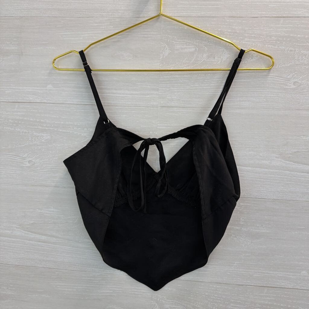 She and Sky Black Silky Cropped Tie Back Tank Top Medium