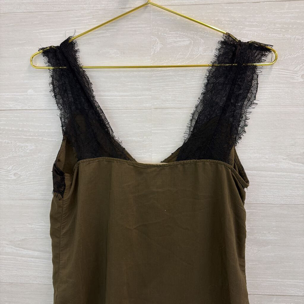 Love Stitch Green/ Black Lace Silky Tank Top Small