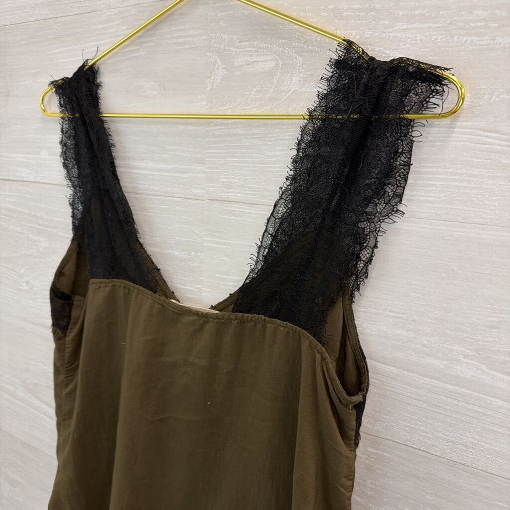 Love Stitch Green/ Black Lace Silky Tank Top Small
