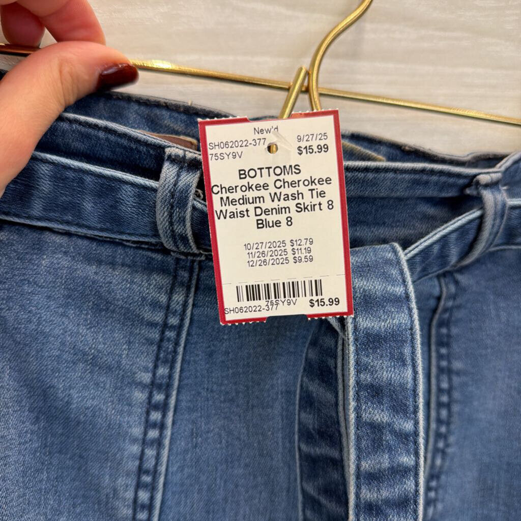 Cherokee Medium Wash Tie Waist Denim Skirt 8
