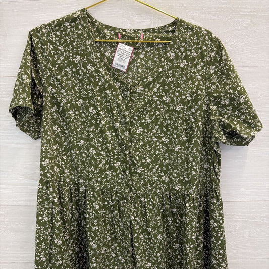 Green/ White Print Short Sleeve Button Front Maxi Dress Medium