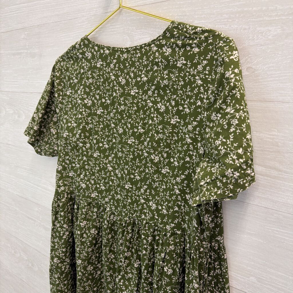 Green/ White Print Short Sleeve Button Front Maxi Dress Medium