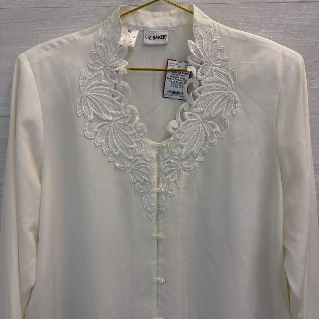 Vintage Liz Baker Cream Lace Neckline Long Sleeve Button Front Top 16