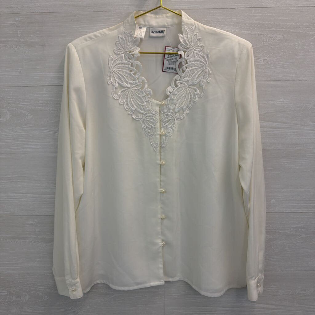 Vintage Liz Baker Cream Lace Neckline Long Sleeve Button Front Top 16