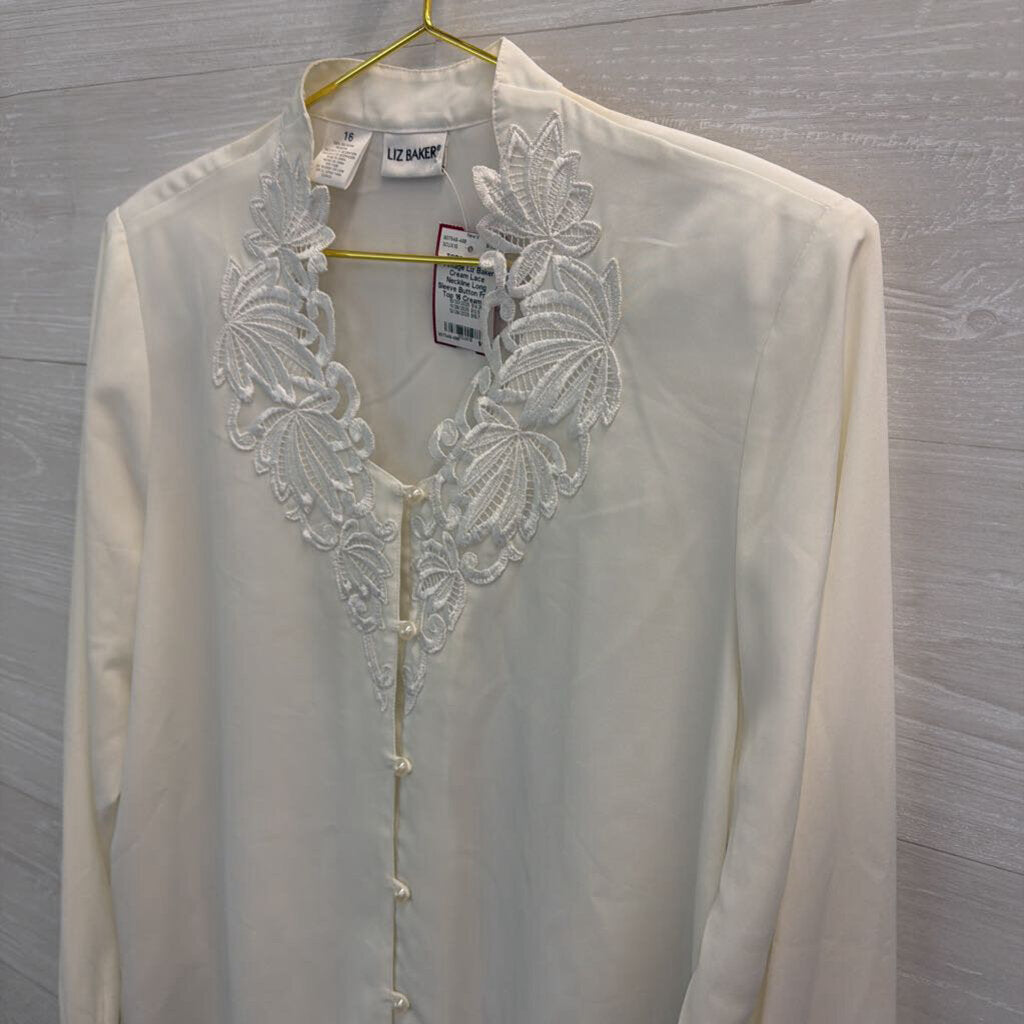 Vintage Liz Baker Cream Lace Neckline Long Sleeve Button Front Top 16