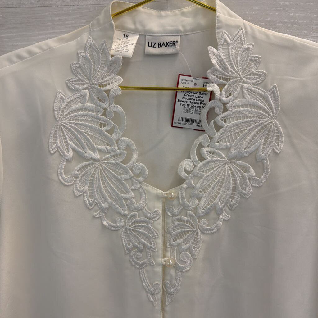 Vintage Liz Baker Cream Lace Neckline Long Sleeve Button Front Top 16