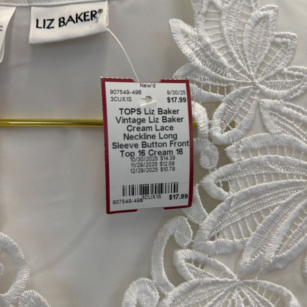 Vintage Liz Baker Cream Lace Neckline Long Sleeve Button Front Top 16