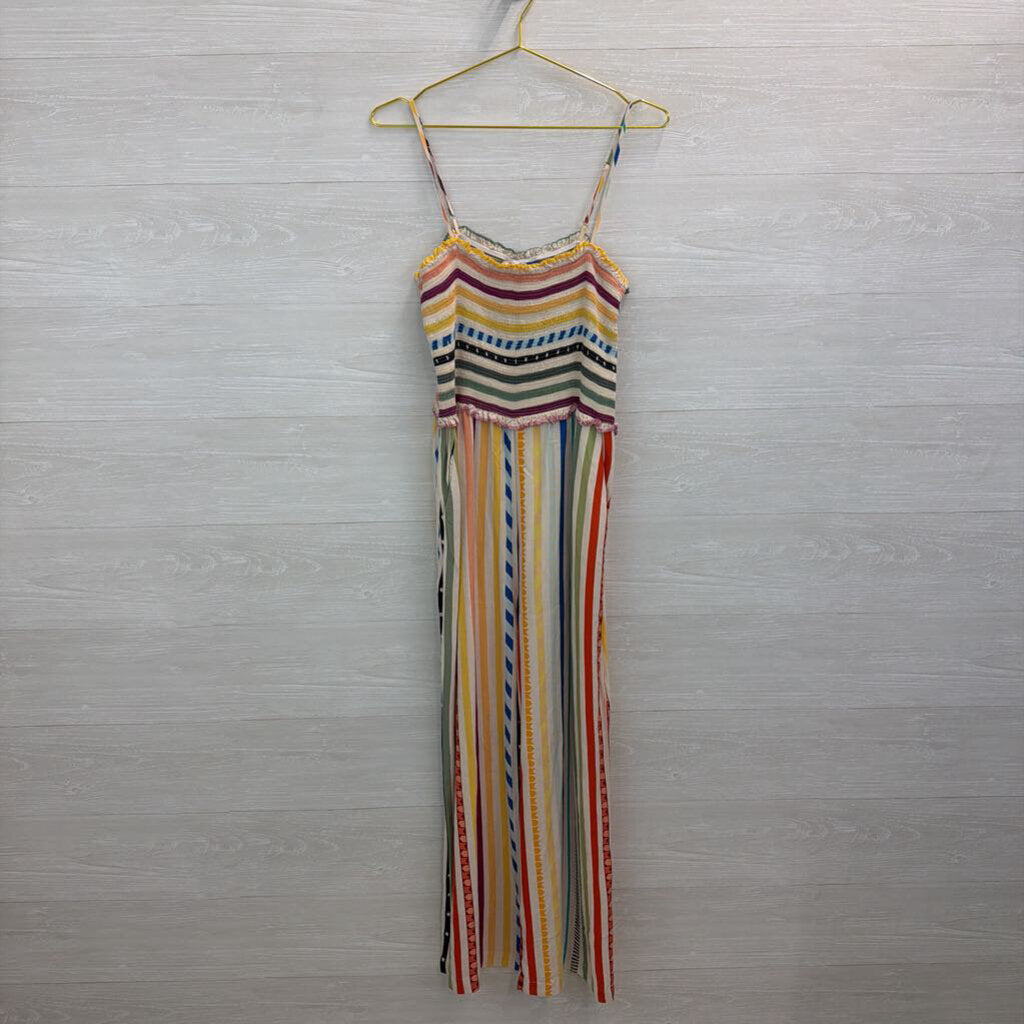 Farm Rio Cream/ Multi Striped Ellie Smocked Jumpsuit Large