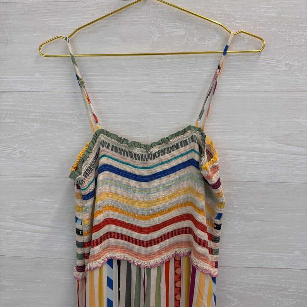 Farm Rio Cream/ Multi Striped Ellie Smocked Jumpsuit Large