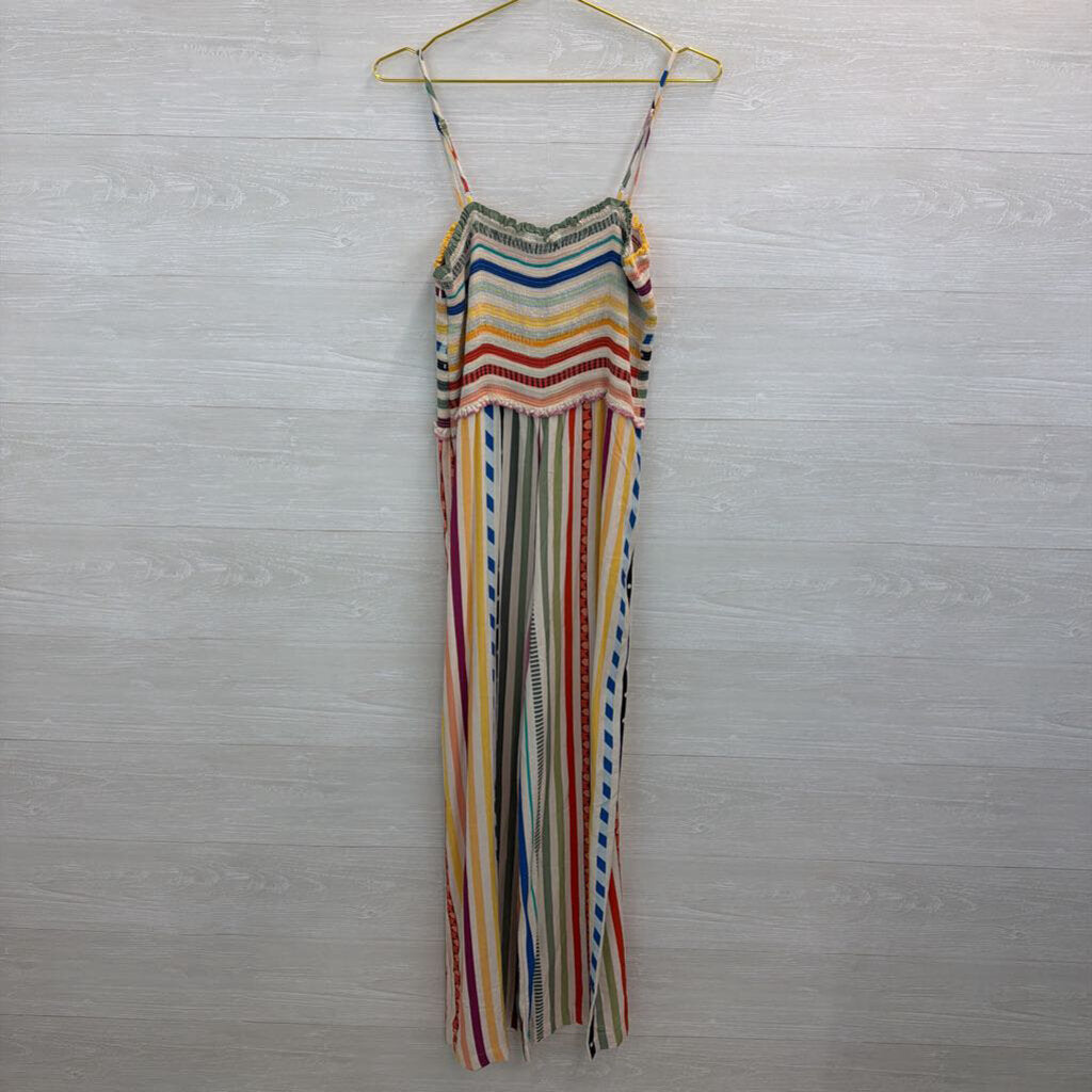 Farm Rio Cream/ Multi Striped Ellie Smocked Jumpsuit Large