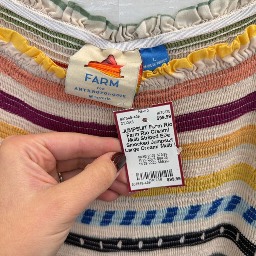 Farm Rio Cream/ Multi Striped Ellie Smocked Jumpsuit Large
