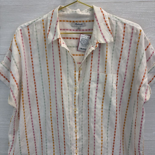 Madewell White/ Multi Stripe Print Short Sleeve Button Down Top Medium