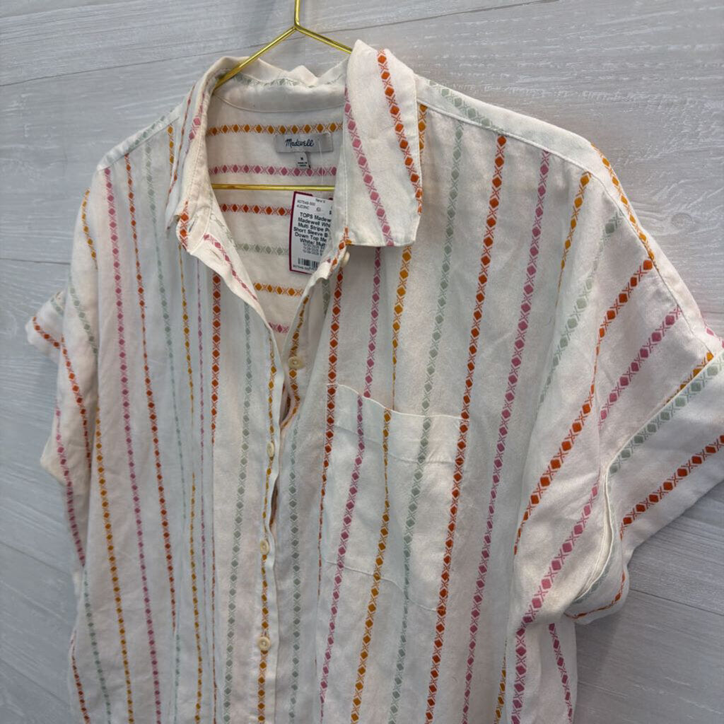 Madewell White/ Multi Stripe Print Short Sleeve Button Down Top Medium