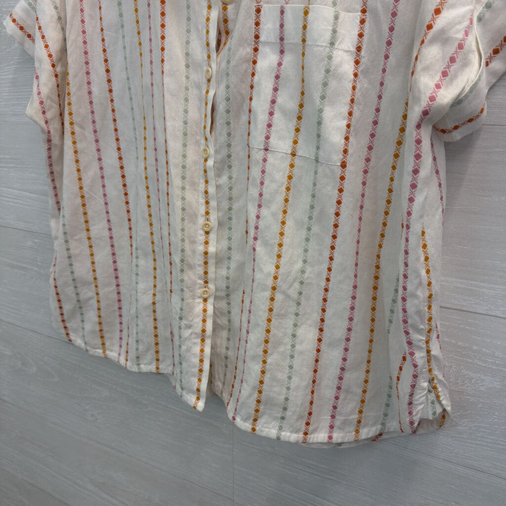 Madewell White/ Multi Stripe Print Short Sleeve Button Down Top Medium