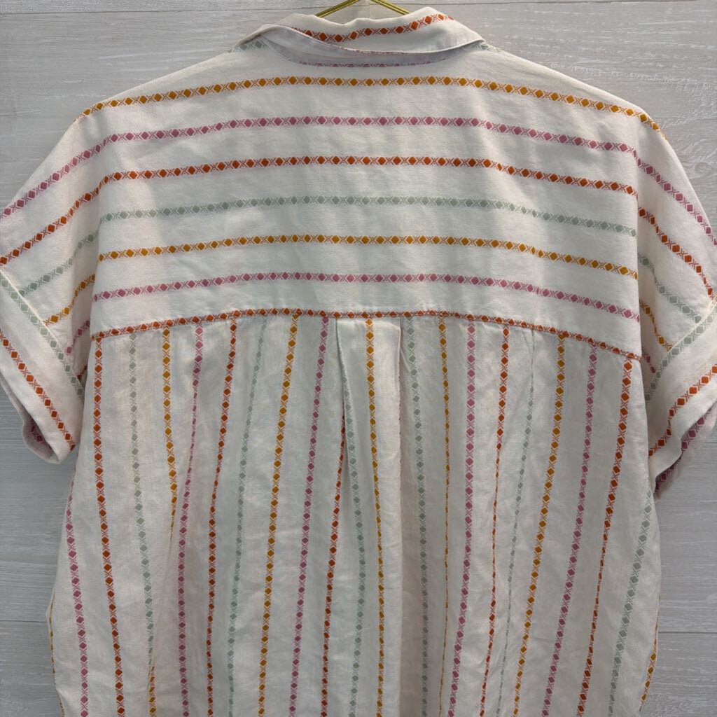 Madewell White/ Multi Stripe Print Short Sleeve Button Down Top Medium