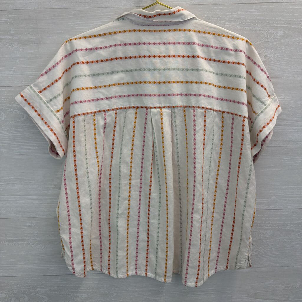 Madewell White/ Multi Stripe Print Short Sleeve Button Down Top Medium