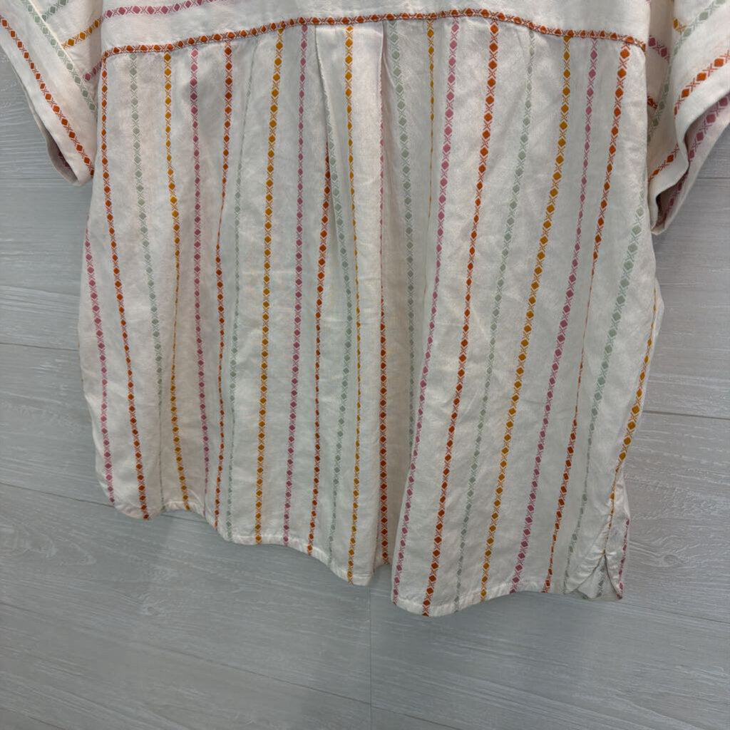 Madewell White/ Multi Stripe Print Short Sleeve Button Down Top Medium