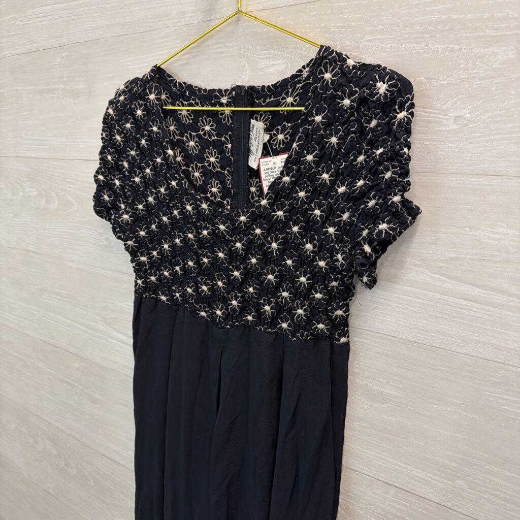 Vintage Jeffrey and Dara Navy/ White Flower Smocked Top Jumpsuit 14 Petite