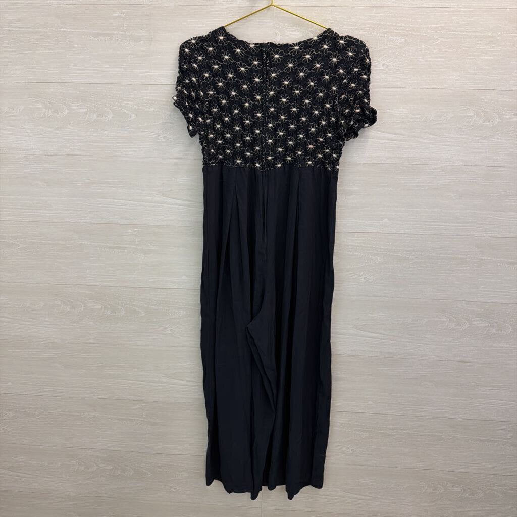 Vintage Jeffrey and Dara Navy/ White Flower Smocked Top Jumpsuit 14 Petite
