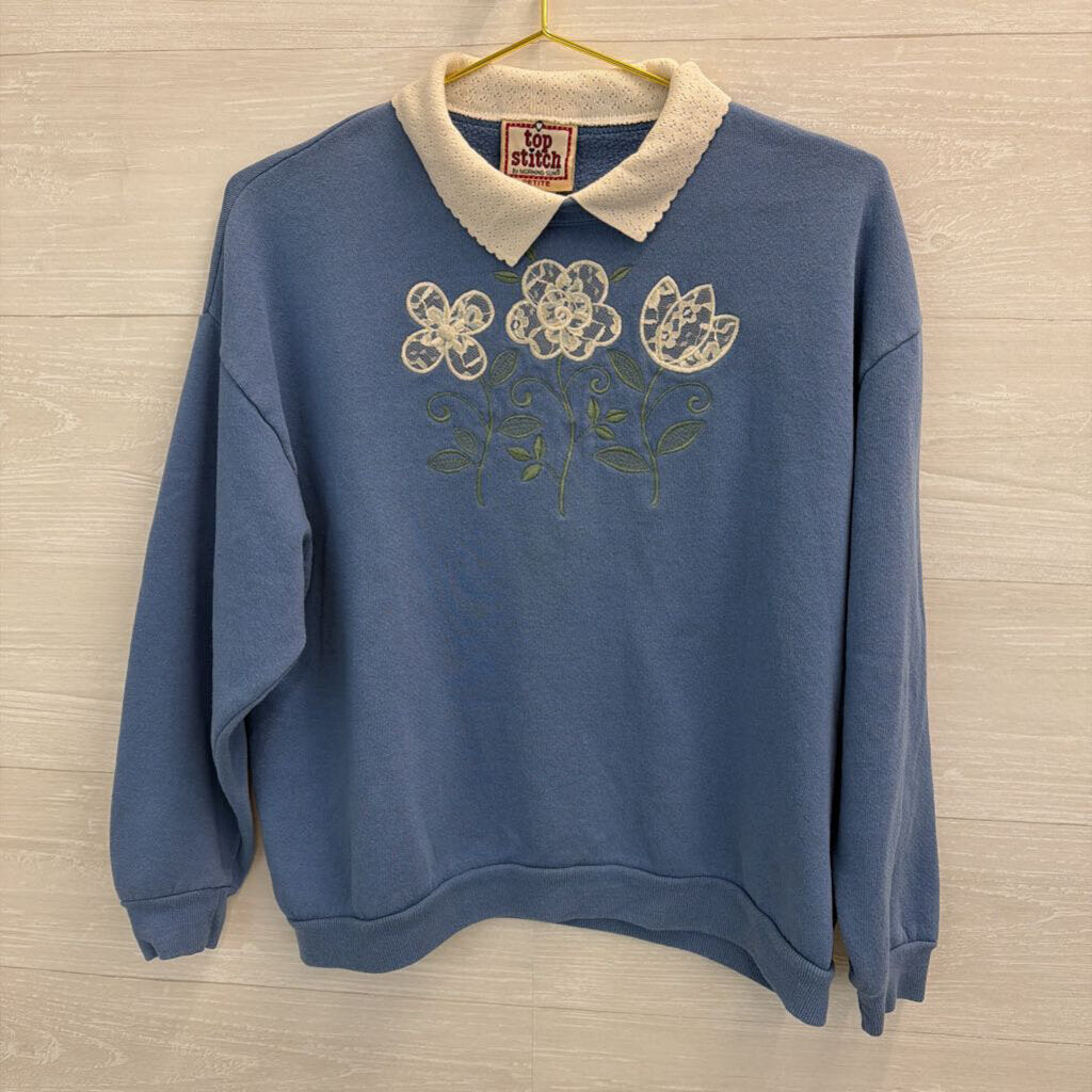 Vintage Stitch Blue/ White Flower Sweatshirt Collar Medium Petite