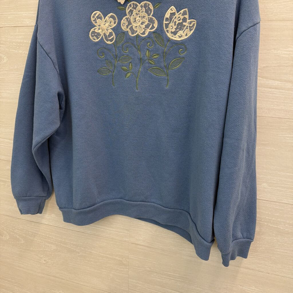 Vintage Stitch Blue/ White Flower Sweatshirt Collar Medium Petite