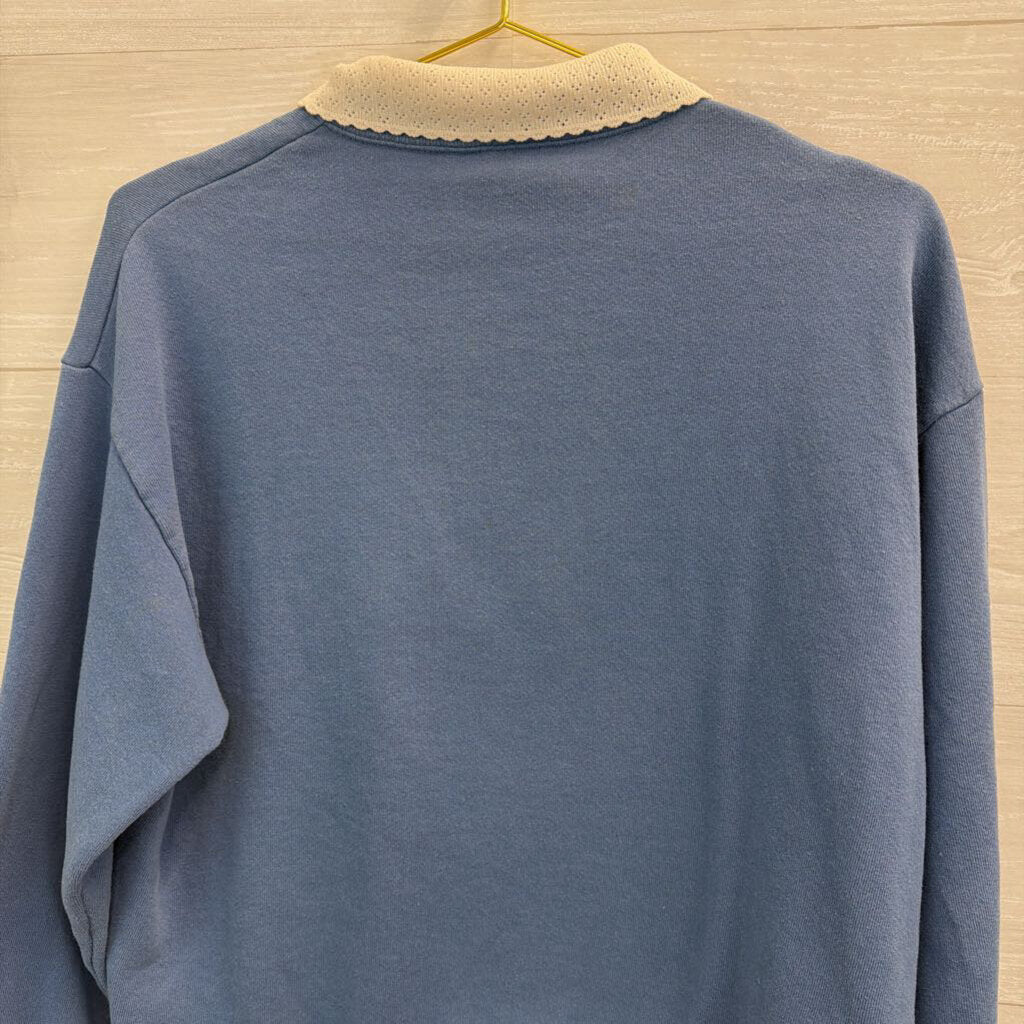 Vintage Stitch Blue/ White Flower Sweatshirt Collar Medium Petite