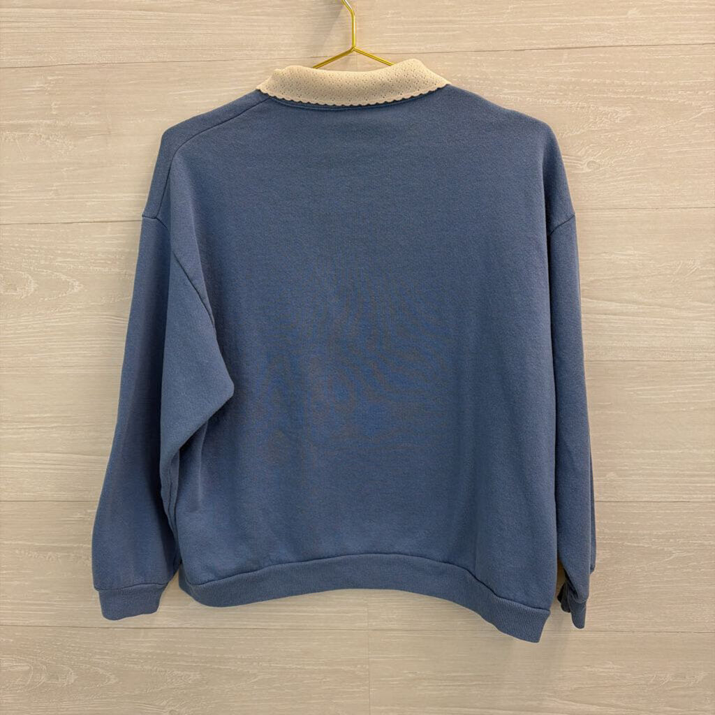 Vintage Stitch Blue/ White Flower Sweatshirt Collar Medium Petite