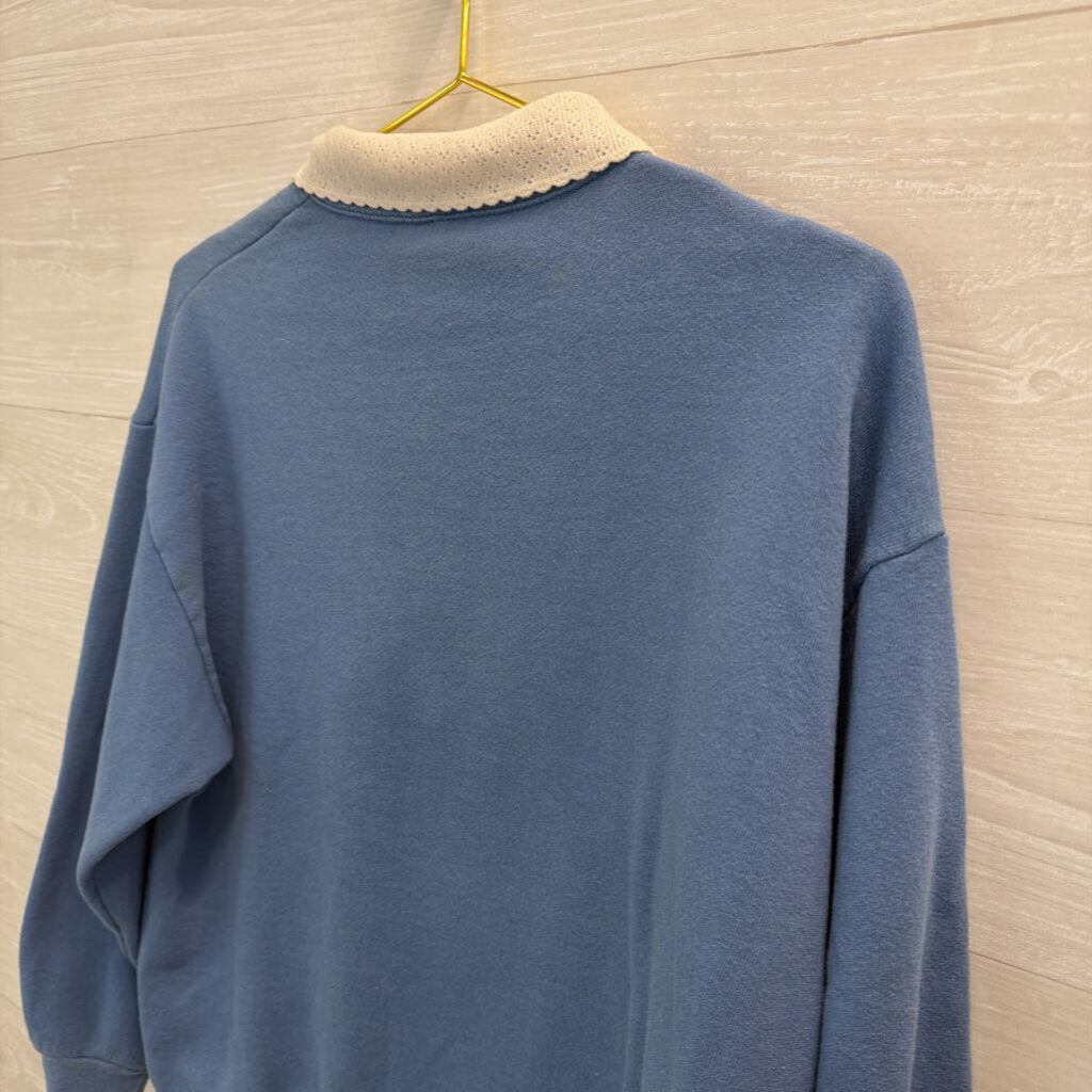 Vintage Stitch Blue/ White Flower Sweatshirt Collar Medium Petite