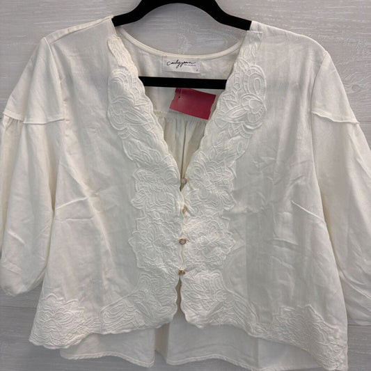 Carly Jean White Embroidered Short Puff Sleeve Crop Top Large