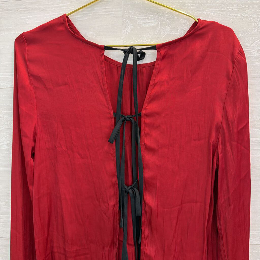 Free People Silky Red Long Sleeve Bow Tie Back Long Sleeve Top Medium