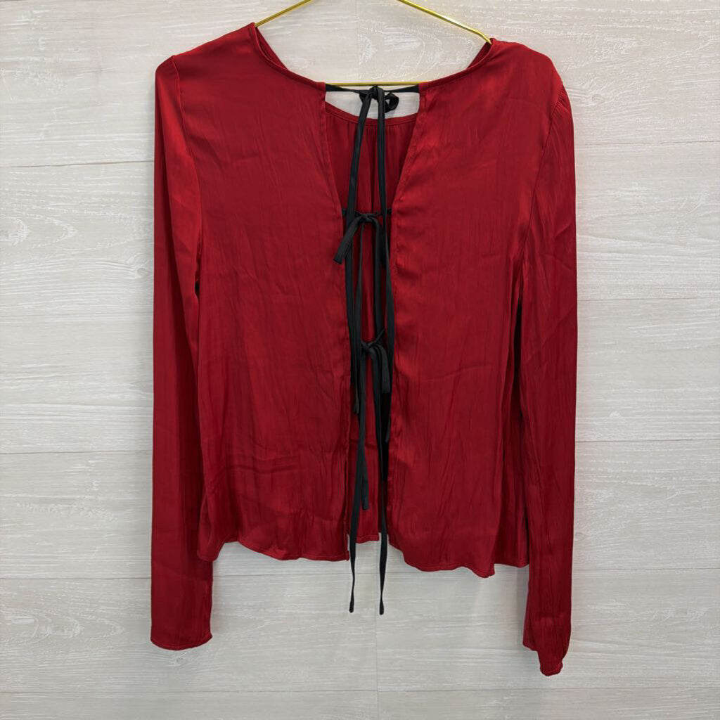 Free People Silky Red Long Sleeve Bow Tie Back Long Sleeve Top Medium