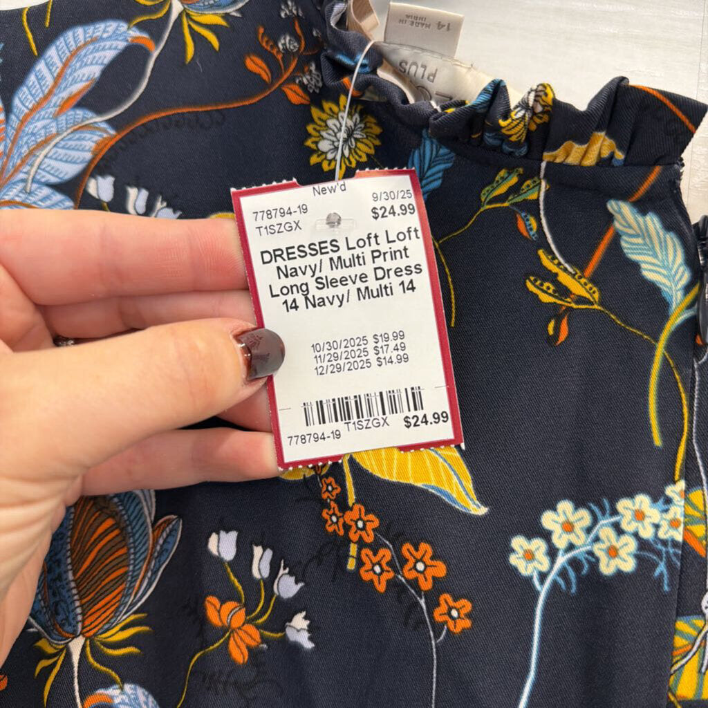 Loft Navy/ Multi Print Long Sleeve Dress 14