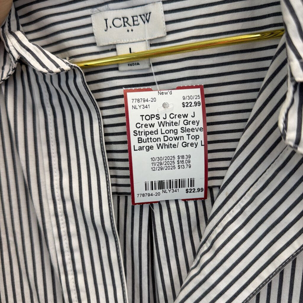 J Crew White/ Grey Striped Long Sleeve Button Down Top Large