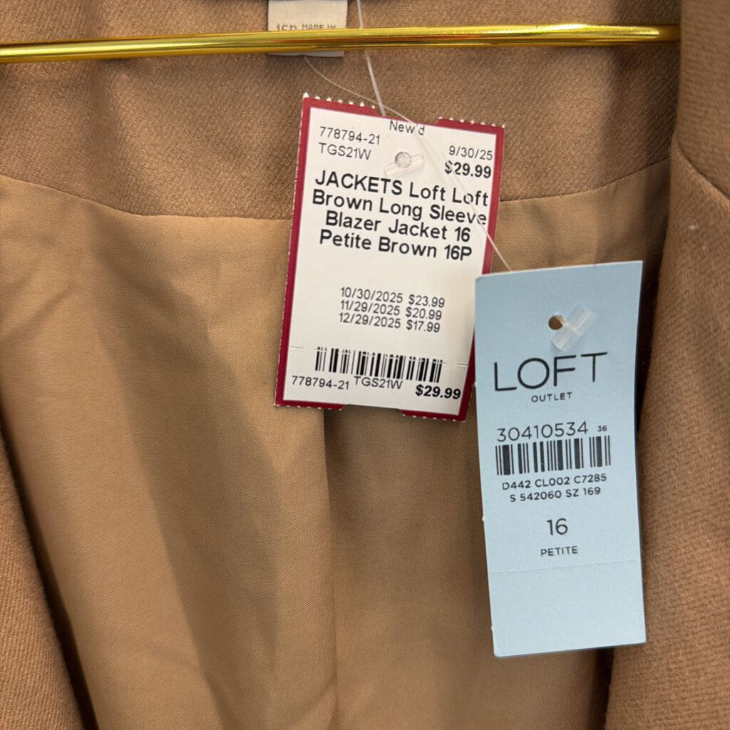 Loft Brown Long Sleeve Blazer Jacket 16 Petite