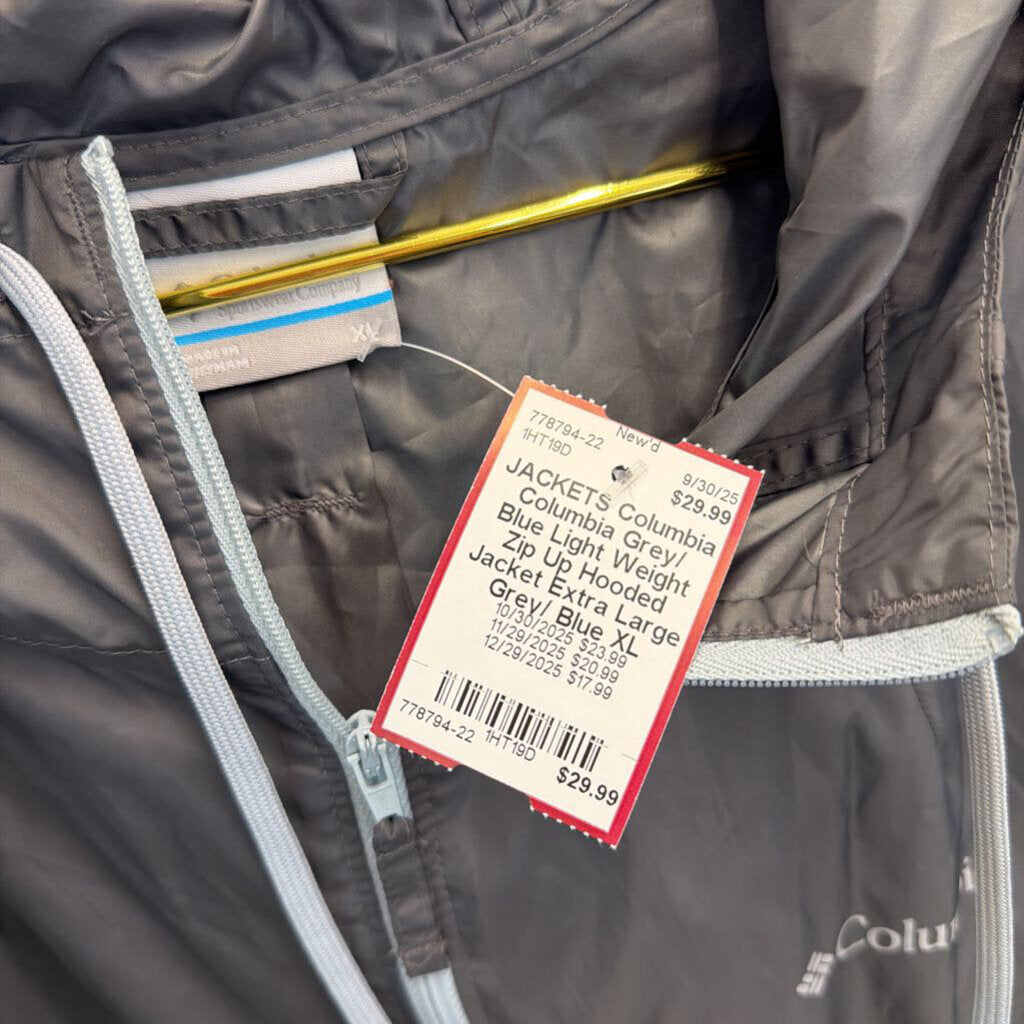 Columbia Grey/ Blue Light Weight Zip Up Hooded Jacket Extra Large