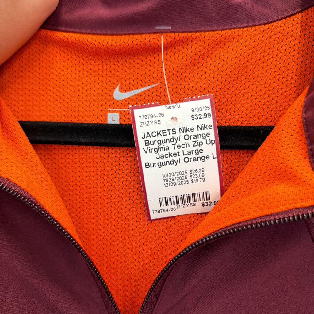 Nike Burgundy/ Orange Virginia Tech Zip Up Jacket Large