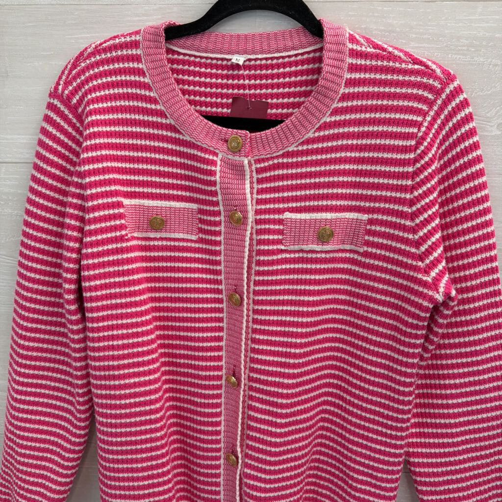 Pink/ White Knit Striped Cardigan Sweater Medium