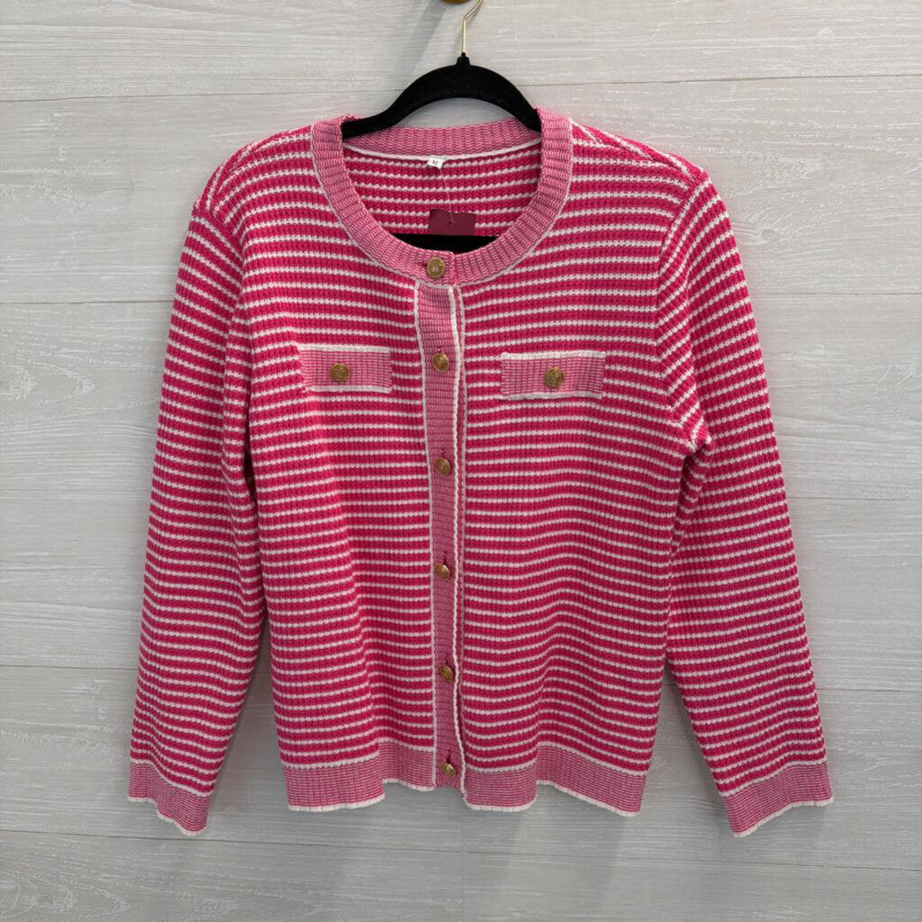Pink/ White Knit Striped Cardigan Sweater Medium