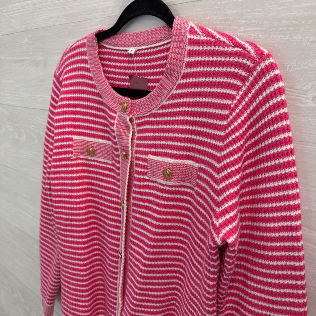 Pink/ White Knit Striped Cardigan Sweater Medium