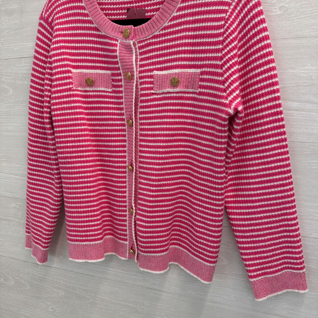 Pink/ White Knit Striped Cardigan Sweater Medium
