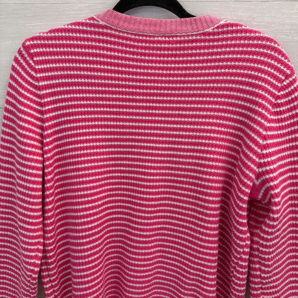 Pink/ White Knit Striped Cardigan Sweater Medium
