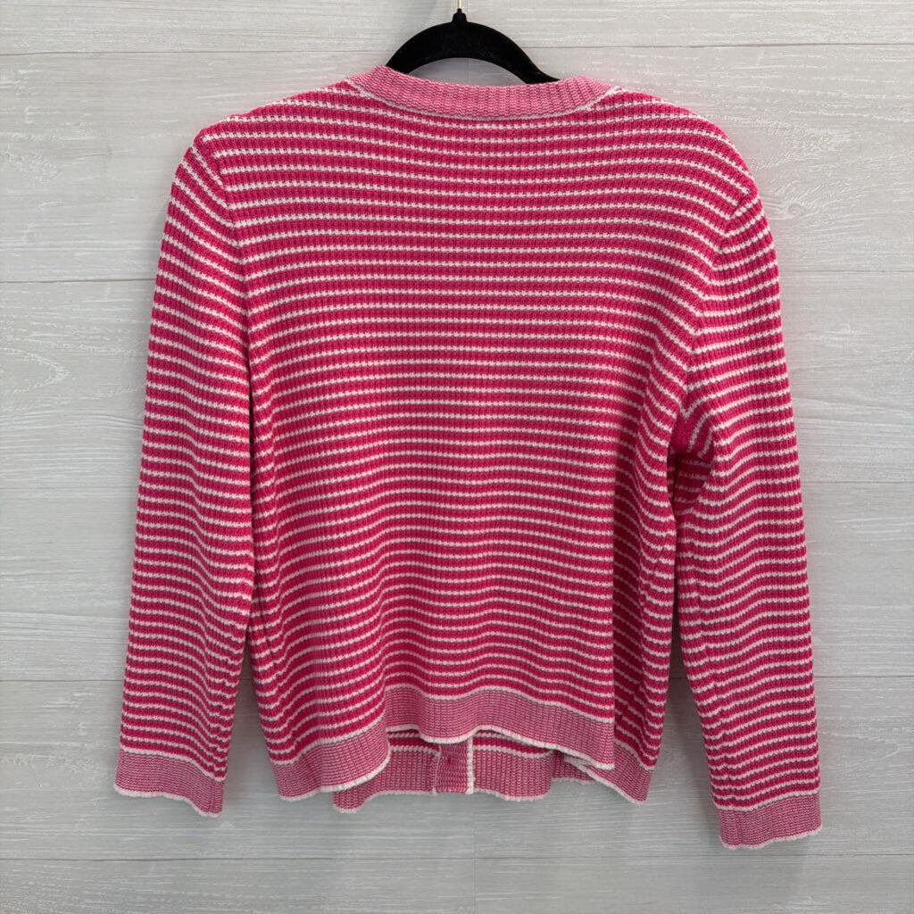Pink/ White Knit Striped Cardigan Sweater Medium
