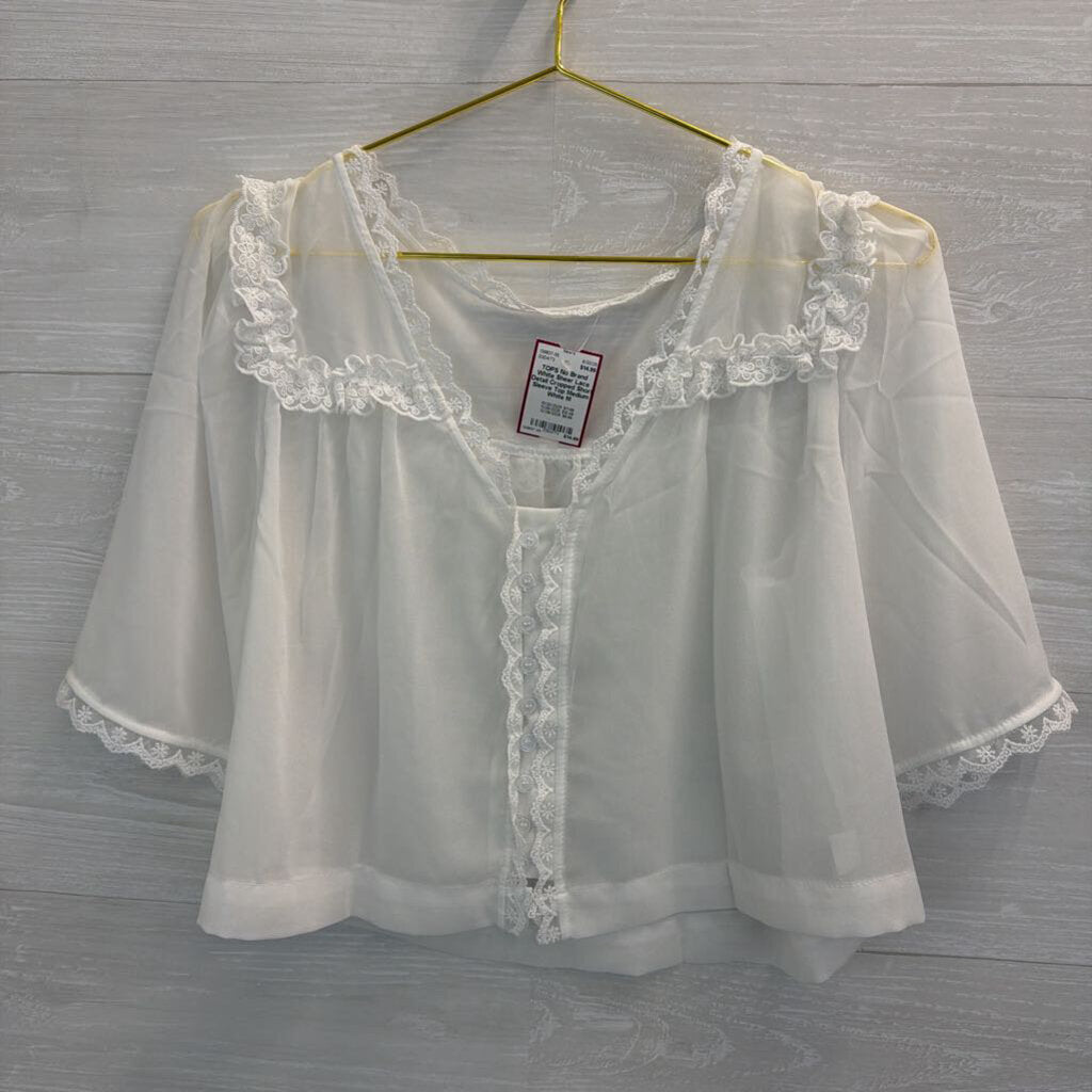 White Sheer Lace Detail Cropped Short Sleeve Top Medium