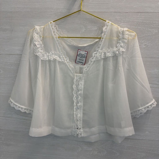 White Sheer Lace Detail Cropped Short Sleeve Top Medium