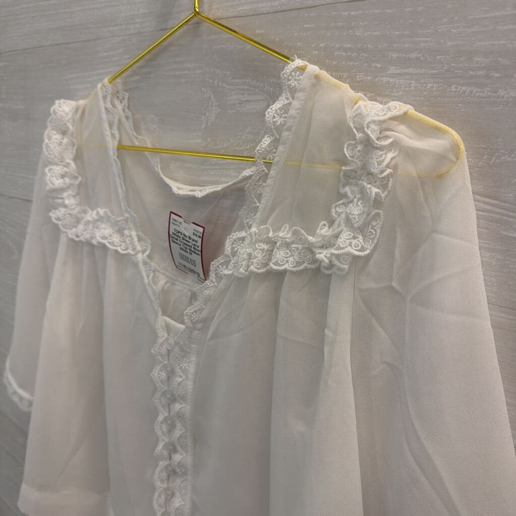 White Sheer Lace Detail Cropped Short Sleeve Top Medium