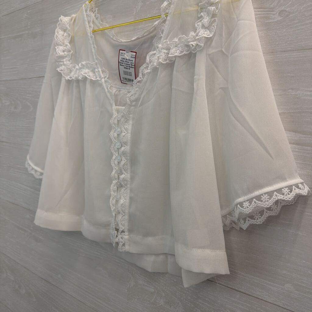 White Sheer Lace Detail Cropped Short Sleeve Top Medium