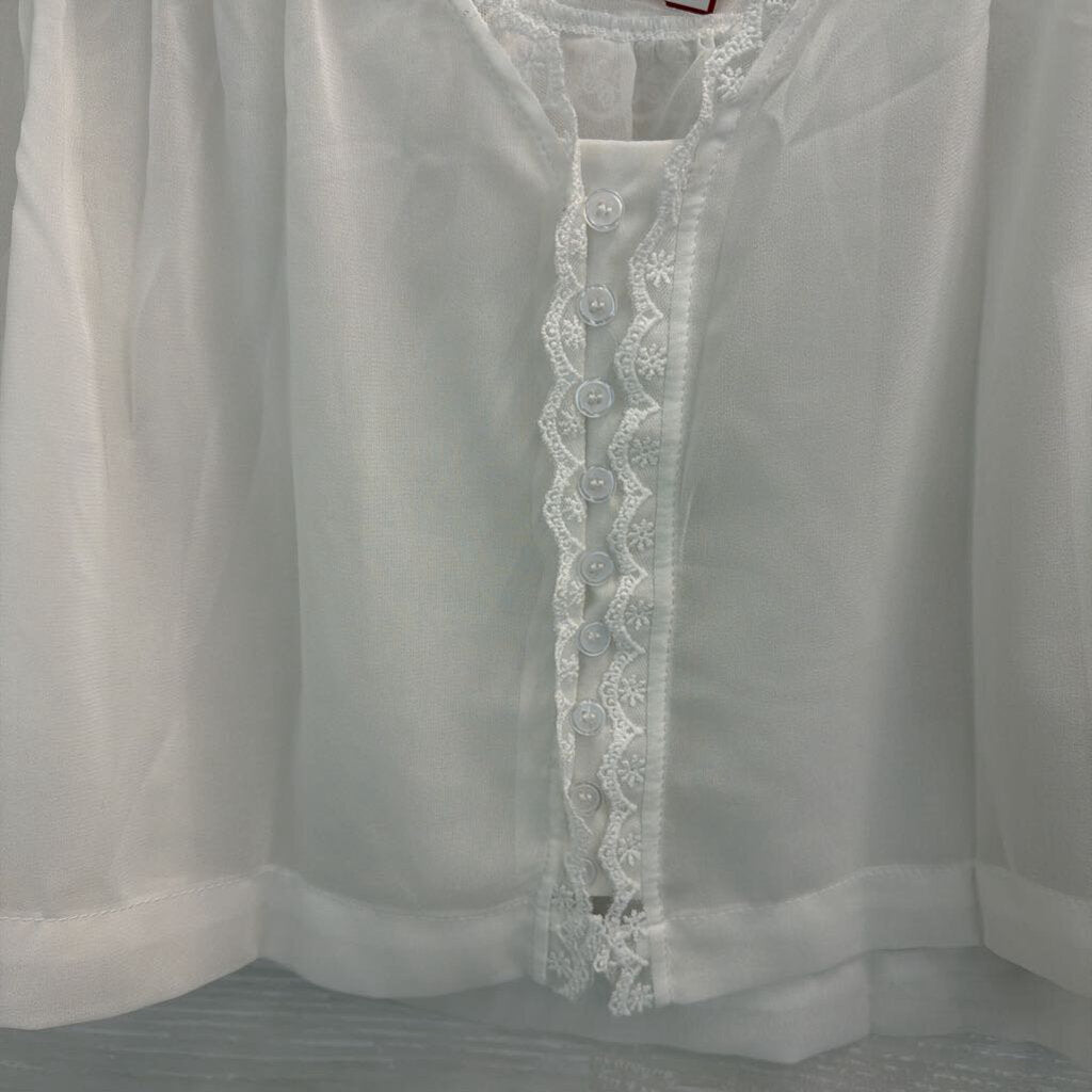 White Sheer Lace Detail Cropped Short Sleeve Top Medium