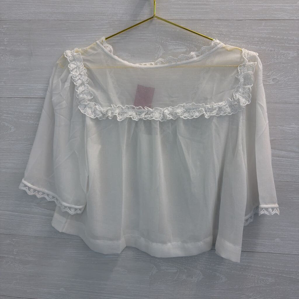 White Sheer Lace Detail Cropped Short Sleeve Top Medium