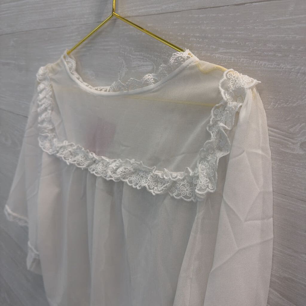 White Sheer Lace Detail Cropped Short Sleeve Top Medium