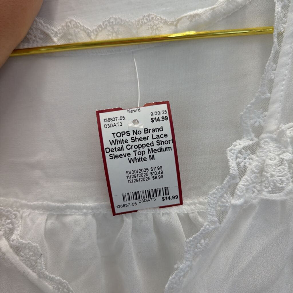White Sheer Lace Detail Cropped Short Sleeve Top Medium